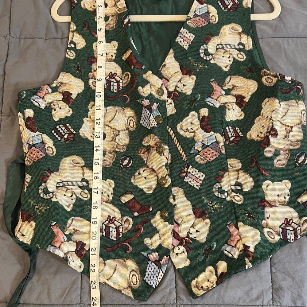 Vintage 90s Teddy Bear Tapestry Vest Green Christmas Cottagecore Grannycore LRG - Picture 6 of 6